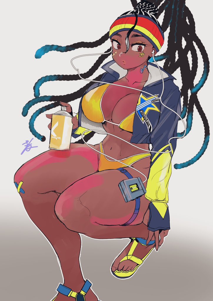1girl bandaid bandaid_on_face bandaid_on_knee bandaid_on_leg bikini breasts cleavage cropped_jacket dreadlocks earbuds earphones fingerless_gloves gloves headband highleg highleg_bikini hiroshi_mono jacket kimberly_jackson large_breasts multicolored_headband official_alternate_costume official_alternate_hairstyle solo spray_can sticker_on_face sticker_on_neck street_fighter street_fighter_6 swimsuit thigh_strap walkman yellow_bikini