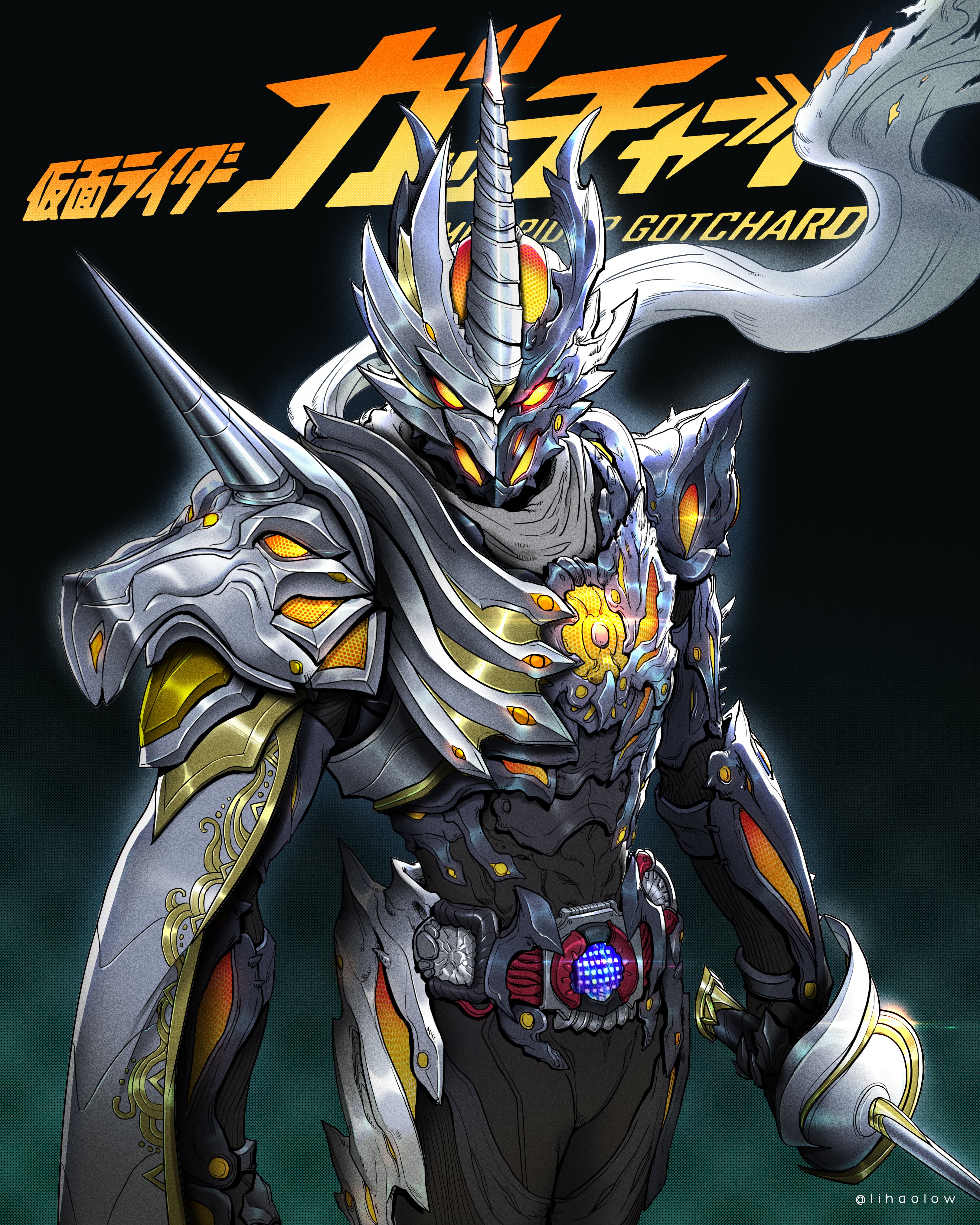 1boy absurdres alchemist alternate_form animification armor black_armor black_bodysuit blue_armor blue_gloves bodysuit gauntlets gloves glowing glowing_eyes green_background highres holding holding_sword holding_weapon kamen_rider kamen_rider_dread kamen_rider_gotchard_(series) lihaolow looking_at_viewer male_focus official_alternate_costume rapier reiwa rider_belt scarf shoulder_armor side_cape signature skeleton solo sword tokusatsu torn_clothes torn_scarf type_one_form unicorn upper_body weapon white_scarf yellow_eyes