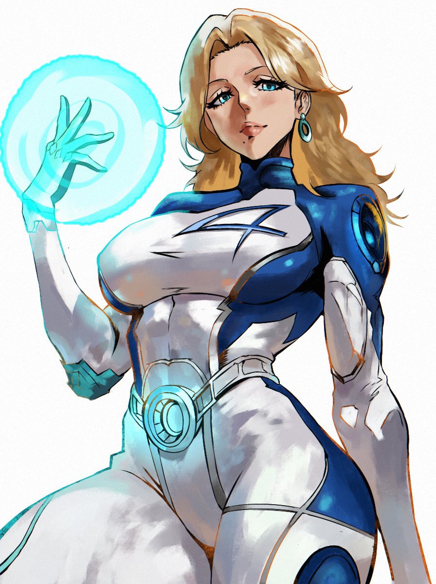 1girl belt bion_(insomn_bion) bleach blonde_hair bodysuit breasts cosplay earrings female_focus highres hoop_earrings jewelry large_breasts marvel marvel_rivals matsumoto_rangiku mole mole_under_mouth simple_background sue_storm sue_storm_(cosplay) thick_thighs thighs white_background white_bodysuit