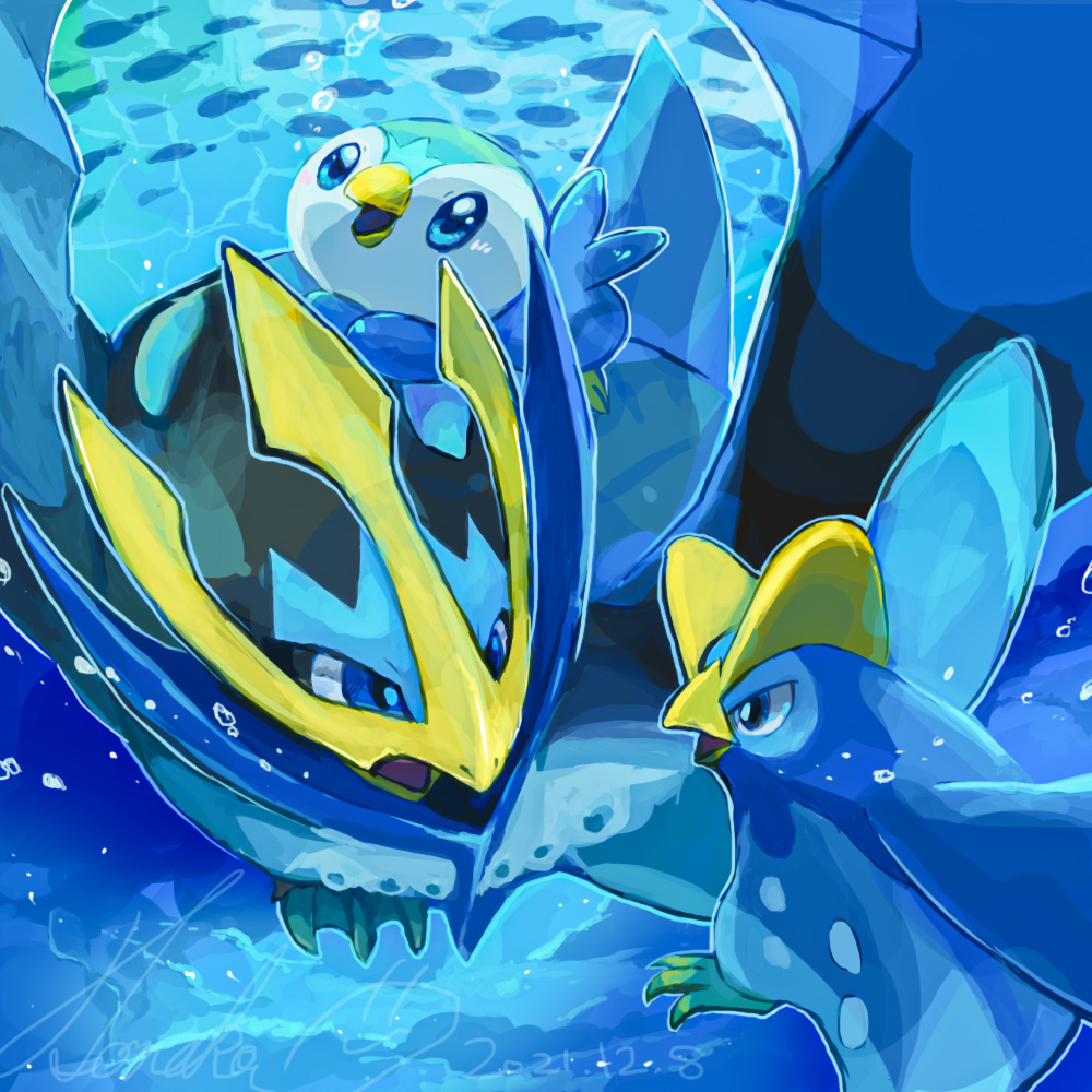 animal_focus artist_name bird blue_eyes bubble commentary_request dated empoleon evolutionary_line fish gen_4_pokemon nintendo no_humans open_mouth penguin piplup pokemon pokemon_(creature) prinplup signature swimming toneko underwater water