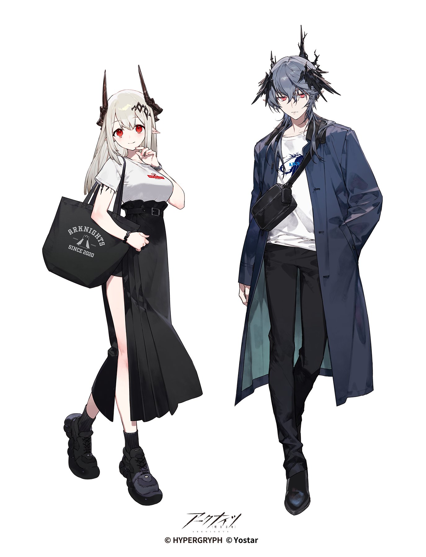 1boy 1girl alternate_costume arknights bag belt black_pants black_shorts black_socks blue_coat blue_hair boots casual coat copyright_name demon_boy demon_girl demon_horns head_wings height_difference highres horns logos_(arknights) long_coat material_growth medium_hair mole mole_under_eye mudrock_(arknights) noco_(adamas) official_art oripathy_lesion_(arknights) pants pointy_ears red_eyes rhodes_island_logo_(arknights) shirt shoes shorts shoulder_bag side_slit sidelocks smile sneakers socks watch white_hair white_shirt wings wristwatch