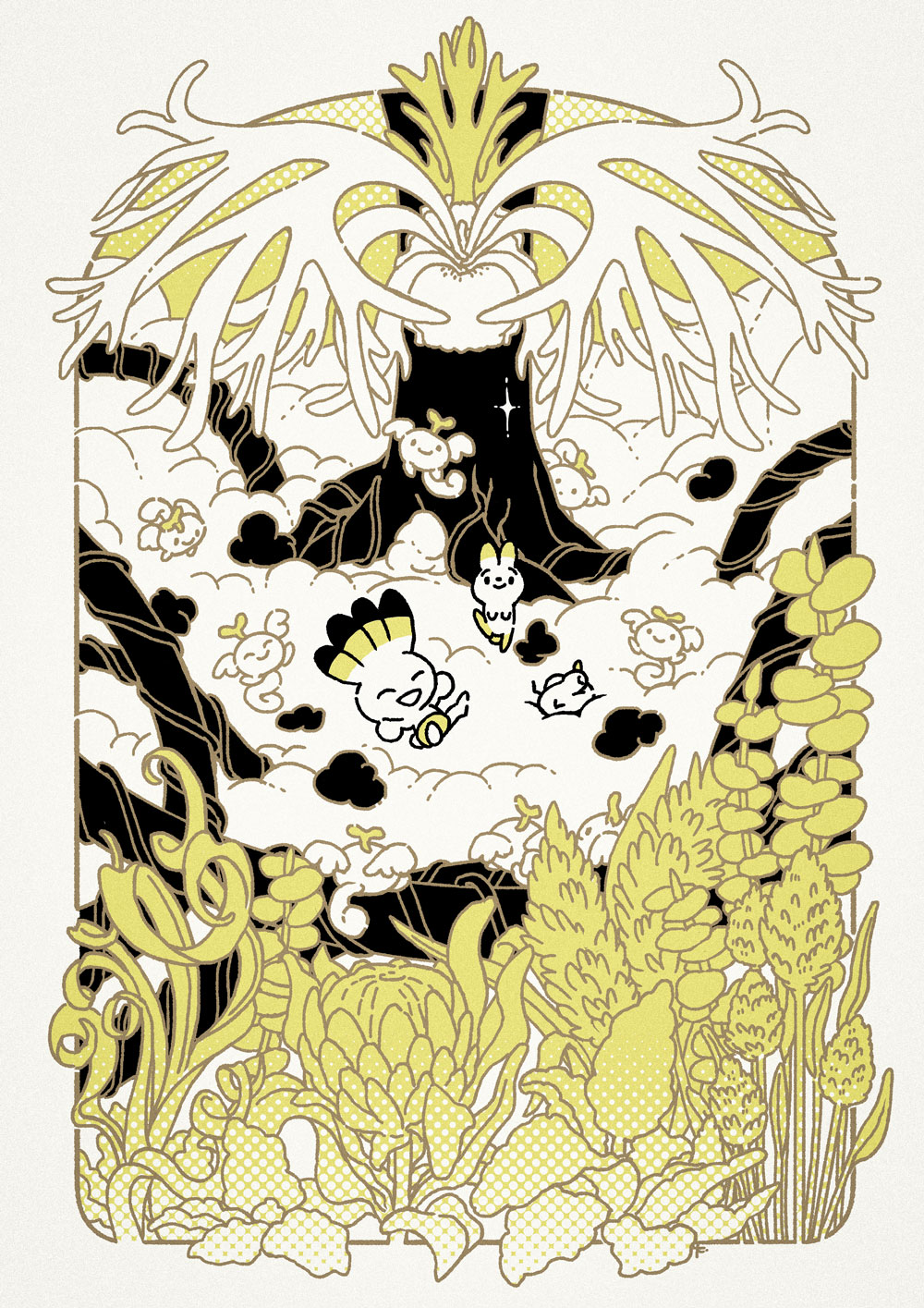 2boys bird black_shorts border closed_eyes cloud commentary_request creature flower foliage highres leaf multiple_boys nature open_mouth original outdoors plant shorts sliding smile solid_circle_eyes spot_color takitasaki white_border yellow_theme