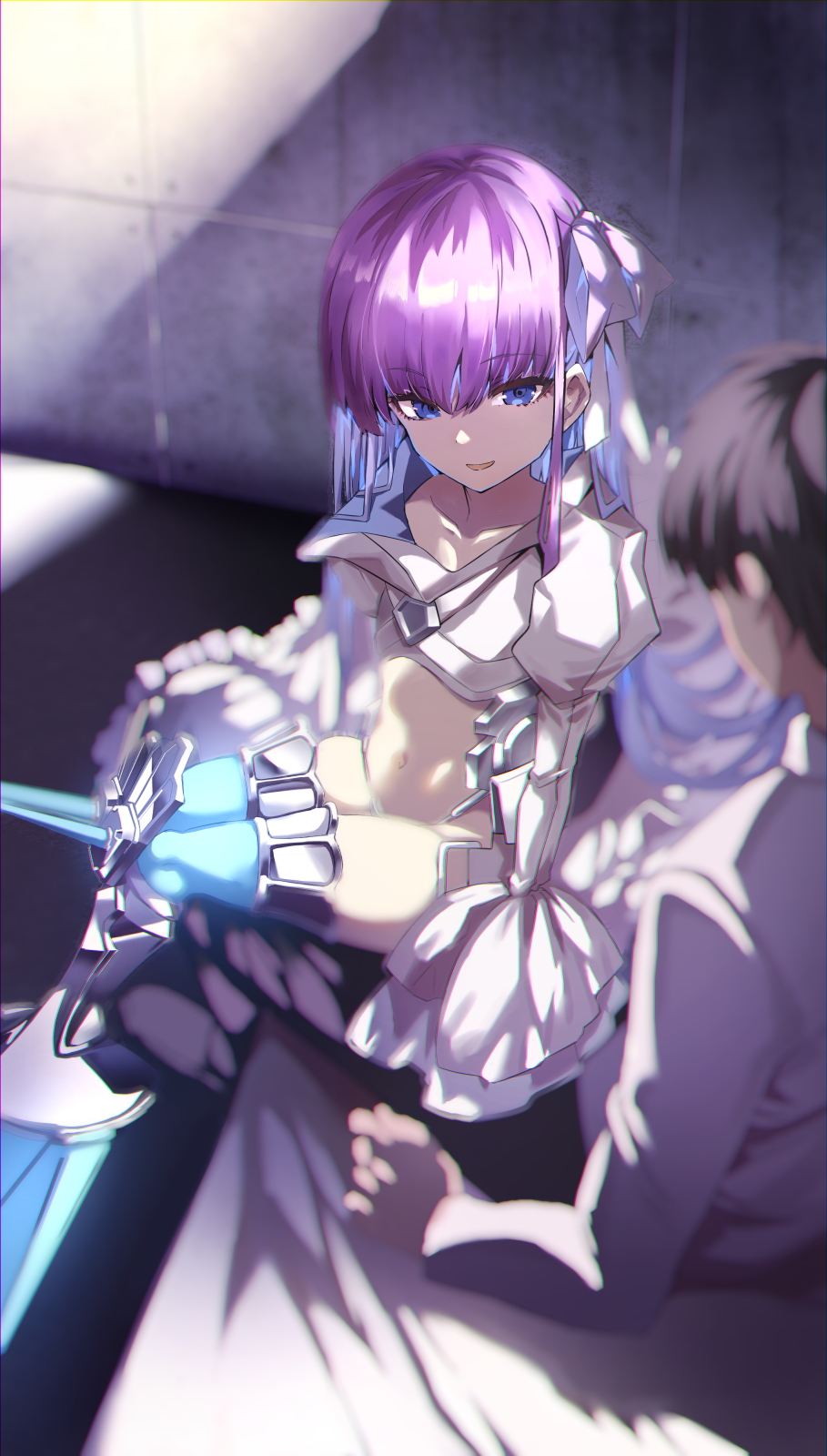 1boy 1girl armor armored_boots black_hair blue_eyes boots breasts chaldea_uniform coat fate/grand_order fate_(series) fujimaru_ritsuka_(male) hair_ribbon highres juliet_sleeves knee_spikes long_hair long_sleeves looking_at_viewer meltryllis_(fate) meltryllis_(third_ascension)_(fate) navel prosthesis prosthetic_leg puffy_sleeves purple_hair revealing_clothes ribbon short_hair sitting sitting_on_lap sitting_on_person sleeves_past_fingers sleeves_past_wrists small_breasts smile spikes very_long_hair white_coat white_ribbon yuge_(yuge_bakuhatsu)
