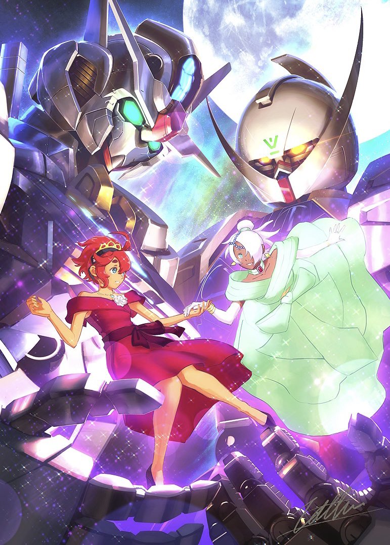 1boy 1girl black_hairband blue_eyes crossdressing dark-skinned_female dark-skinned_male dark_skin dress flower glowing glowing_eyes green_dress grey_hair gundam gundam_aerial gundam_suisei_no_majo hair_over_one_eye hairband laura_rolla loran_cehack mecha moon off-shoulder_dress off_shoulder one_eye_covered open_hand red_dress red_hair robot science_fiction smile space suletta_mercury tackle totthii0081 turn_a_gundam turn_a_gundam_(mobile_suit) v-fin white_flower