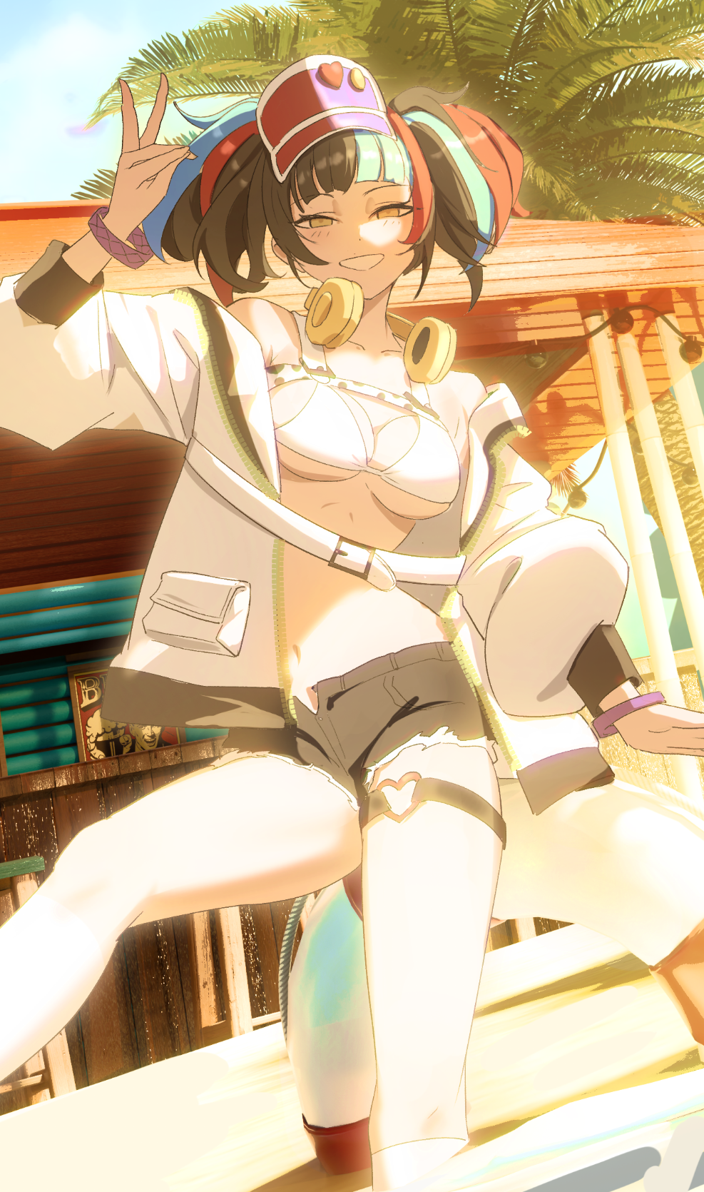 1girl bare_shoulders bikini black_hair black_shorts blue_hair breasts cleavage fate/grand_order fate_(series) green_hat grin hat headphones headphones_around_neck highres jacket large_breasts long_hair long_sleeves looking_at_viewer multicolored_hair navel off_shoulder open_clothes open_jacket palm_tree red_hair sei_shounagon_(fate) sei_shounagon_(swimsuit_berserker)_(first_ascension)_(fate) short_shorts shorts sidelocks smile solo swimsuit thigh_strap thighs tree twintails visor_cap white_bikini white_jacket yellow_eyes yuyiosang