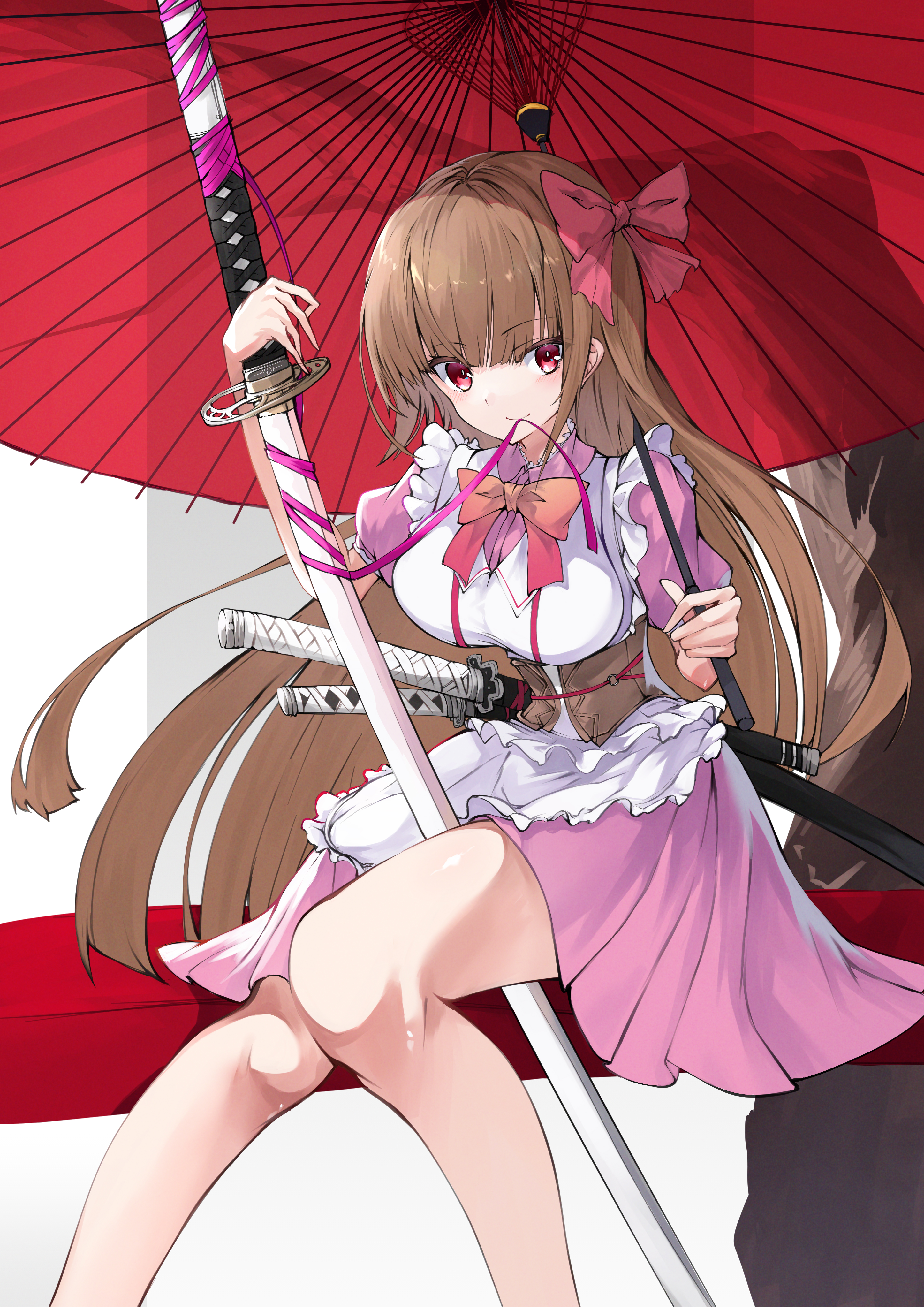 1girl absurdres apron between_legs between_thighs blunt_bangs blush bow bowtie brown_corset brown_hair closed_mouth collared_dress commission corset dress eyes_visible_through_hair feet_out_of_frame frilled_apron frills grey_background hair_bow highres holding holding_umbrella katana long_hair mouth_hold orange_bow orange_bowtie original pink_bow pink_dress pink_ribbon puffy_short_sleeves puffy_sleeves red_eyes red_umbrella ribbon ribbon_in_mouth sheath sheathed short_sleeves sitting skeb_commission smile solo sword sword_between_thighs umbrella underbust very_long_hair weapon white_apron white_background yonagi_white
