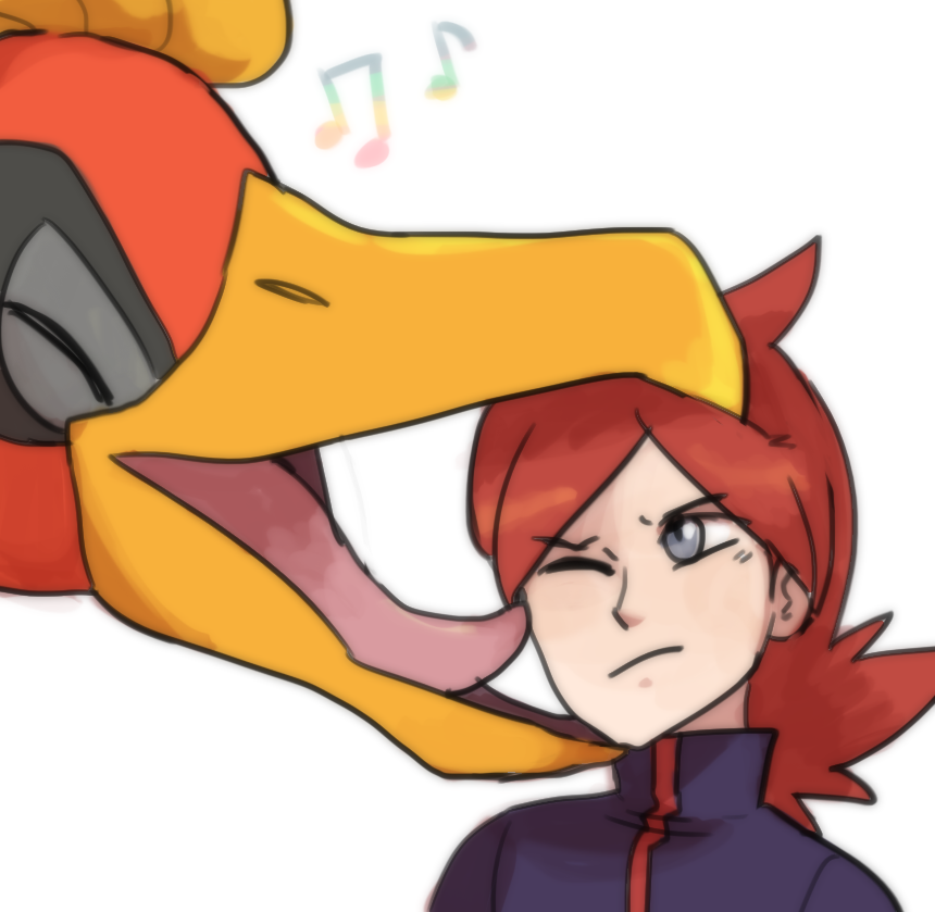 1boy beak closed_eyes drawfag gen_2_pokemon ho-oh jacket legendary_pokemon licking looking_at_another musical_note nintendo one_eye_closed pokemon pokemon_(creature) pokemon_hgss red_hair silver_(pokemon) tongue upper_body white_background