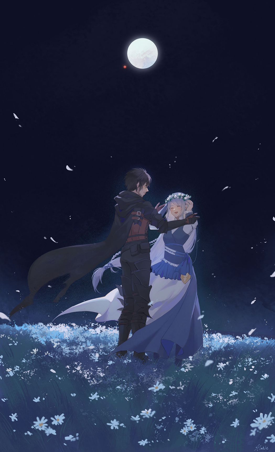 1boy 1girl black_cape black_hair blue_vest braid cape clive_rosfield dress facial_hair field final_fantasy final_fantasy_xvi flower flower_field grey_hair hane_(yhane312) head_wreath highres jill_warrick leather leather_vest long_hair looking_at_another low-tied_long_hair moon night petals single_braid smile standing vest