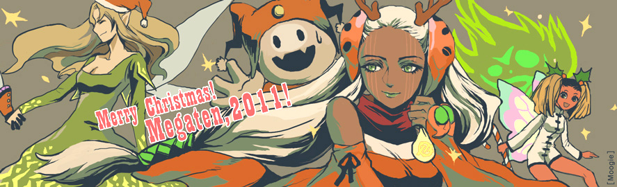 10s 2011 3girls :d antlers artist_name bare_shoulders black_skin blonde_hair breasts candy candy_cane christmas cleavage colored_skin dress fairy fairy_wings fangs food green_dress green_eyes green_lips hair_ornament hat horns hua_po_(megami_tensei) jack_frost_(megami_tensei) kikuri-hime lipstick long_hair long_sleeves makeup merry_christmas moogie_(shinjyu) multiple_girls open_mouth red_skin santa_hat shin_megami_tensei smile sparkle sweatdrop titania_(megami_tensei) twintails white_hair wings