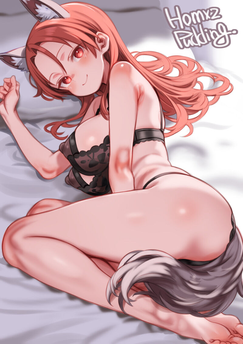1girl animal_ears ass barefoot bed black_bra blush bra breasts large_breasts lingerie long_hair looking_at_viewer lying minna-dietlinde_wilcke on_bed pillow puddinghomhom red_eyes red_hair smile solo strike_witches tail underwear wolf_ears wolf_girl wolf_tail world_witches_series