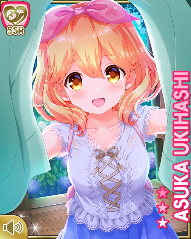 1girl :d backpack bag blonde_hair blue_dress bow breasts brown_eyes card_(medium) day dress female_focus girlfriend_(kari) hair_bow looking_forward medium_breasts official_art open_mouth outdoors pink_bow qp:flapper rain shirt short_hair smile solo standing tagme ukihashi_asuka white_shirt