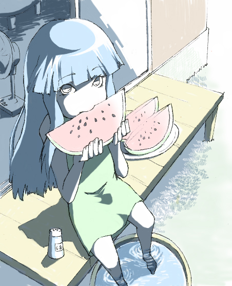 00s 1girl bad_id bad_pixiv_id barefoot blue_hair dress eating electric_fan female_focus food fruit furude_rika green_skirt higurashi_no_naku_koro_ni holding holding_food holding_fruit holding_watermelon long_hair outdoors sitting skirt soaking_feet solo sundress takeda_kanryuusai tub veranda water watermelon