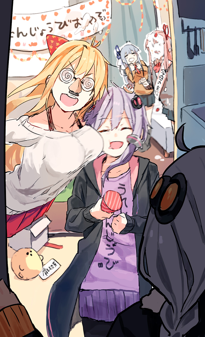 5girls ahoge antenna_hair apartment birthday_party birthday_sash black_jacket black_skirt blonde_hair blue_hair blue_ribbon braid breast_attack breasts brown_cardigan cake cake_hair_ornament cardigan closed_eyes commentary covered_face doorway drooling face_to_breasts flying_sweatdrops food food-themed_hair_ornament food_on_face glasses grey_cardigan grey_hair groucho_glasses hair_ornament hair_ribbon hat hitogome holding holding_party_popper hood hood_down hoodie indoors jacket kizuna_akari kotonoha_akane kotonoha_aoi large_breasts light_purple_hair long_sleeves looking_at_another motion_blur mouth_drool multiple_girls necktie off_shoulder open_clothes open_hoodie open_mouth partially_translated party_hat party_popper pink_hair pleated_skirt purple_shirt purple_skirt red_necktie red_ribbon red_skirt ribbon shirt short_hair_with_long_locks skirt slapping_with_breasts smack smile spaghetti_strap sweater tearing_up translation_request tsurumaki_maki v-shaped_eyebrows vocaloid voiceroid white_hair white_sweater yuzuki_yukari