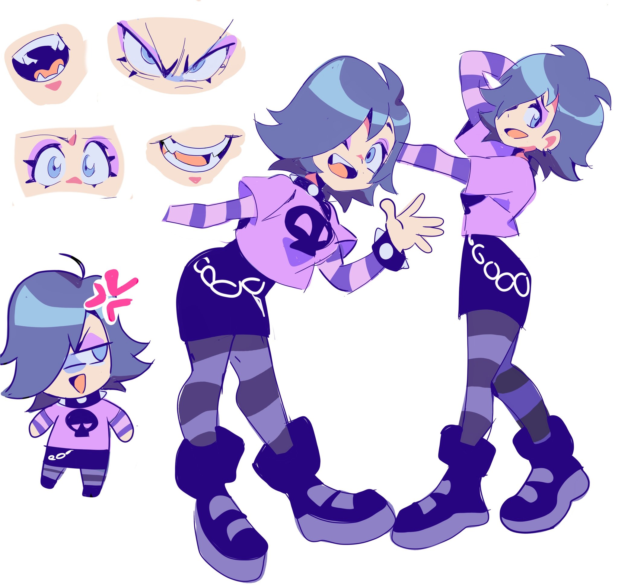 1girl angry blue_hair boots cartoon_network chain chain_belt chibi goth_fashion hi_hi_puffy_amiyumi highres layered_clothes makeup one_eye_closed punk punkish_gothic purple_theme short_hair striped_legwear teeth wink yen0028 yumi_yoshimura