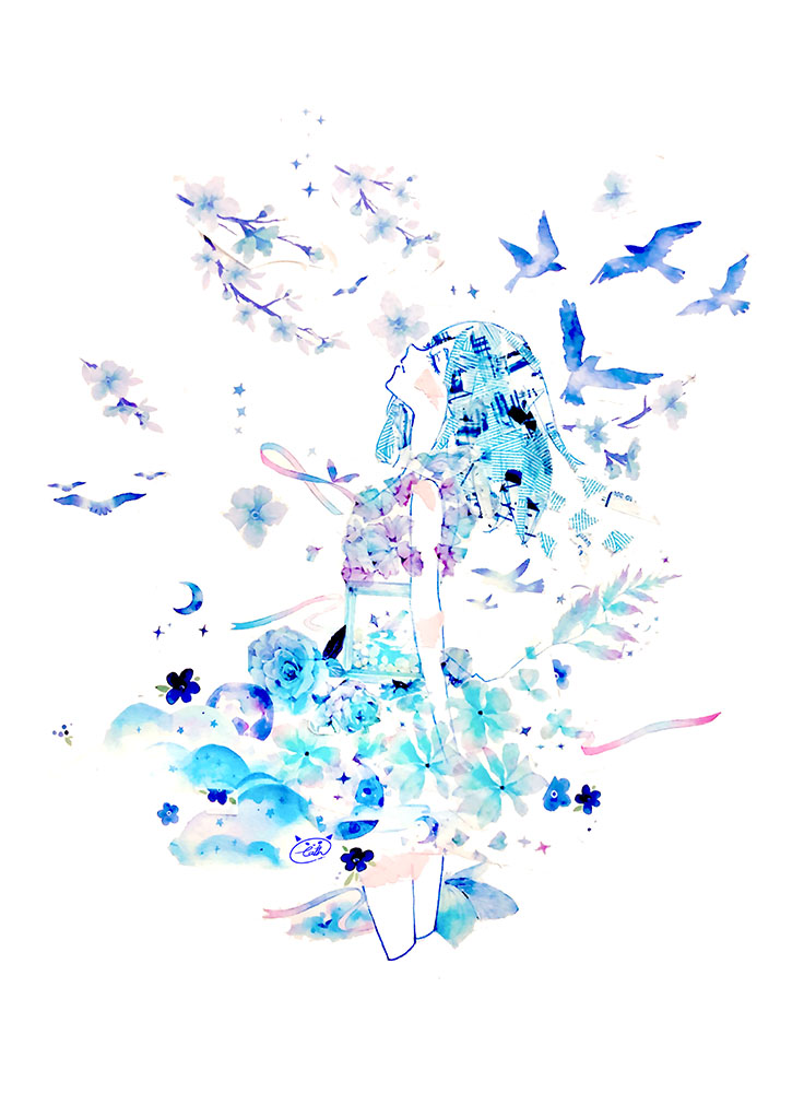 1girl abstract arms_behind_back bare_shoulders bird blue_shirt blue_skirt blue_theme blush branch cathinthecloud closed_eyes closed_mouth commentary cropped_legs english_commentary facing_up flower flower_ornament from_side masking_tape_(medium) medium_hair mixed_media original peach_blossom profile ribbon shirt signature skirt solo standing traditional_media unconventional_media