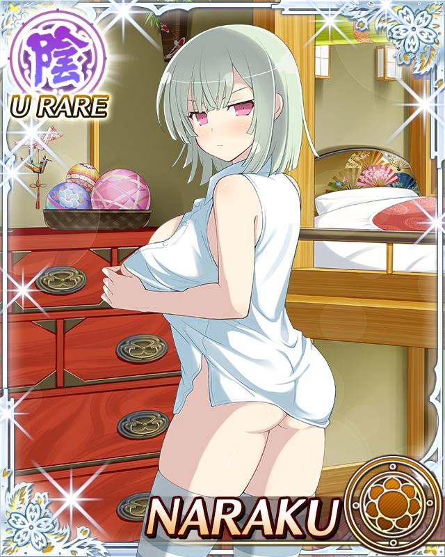 1girl ass_peek bedroom blush bob_cut border breasts butt_crack character_name chest_of_drawers closed_mouth from_behind game_cg green_hair large_breasts light_frown looking_at_viewer looking_back medium_hair naraku_(senran_kagura) official_art open_clothes open_shirt pink_eyes senran_kagura senran_kagura_new_wave shirt skindentation solo striped_clothes striped_thighhighs thighhighs third-party_source undressing white_shirt