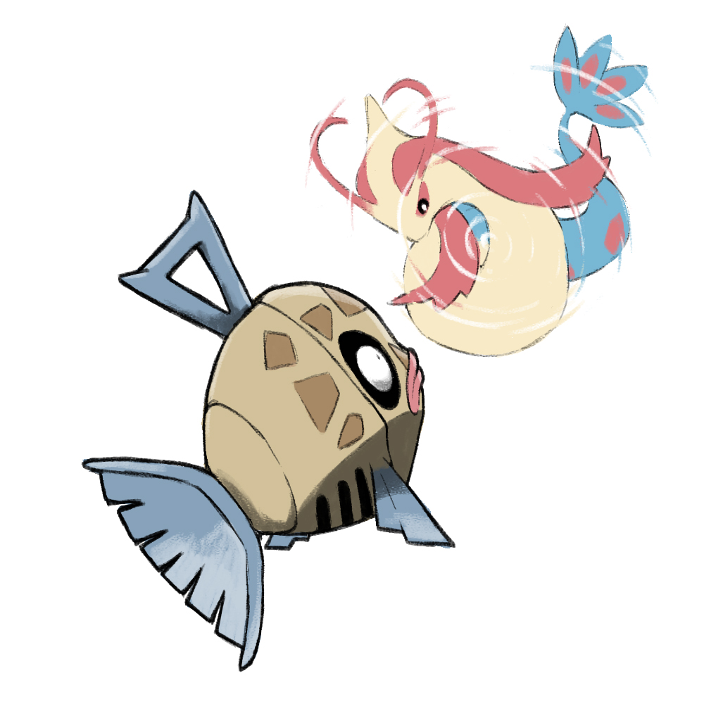 animal_focus blacknirrow evolutionary_line feebas fish full_body gen_3_pokemon looking_at_another milotic nintendo no_humans pokemon pokemon_(creature) pokemon_focus ripples simple_background white_background