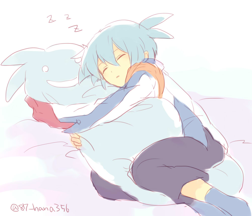 1boy blue_hair closed_eyes closed_mouth hana_(mew) hugging_doll hugging_object long_sleeves lying male_focus on_side pants puyopuyo puyopuyo_fever sig_(puyopuyo) sleeping socks solo stuffed_toy twitter_username zzz