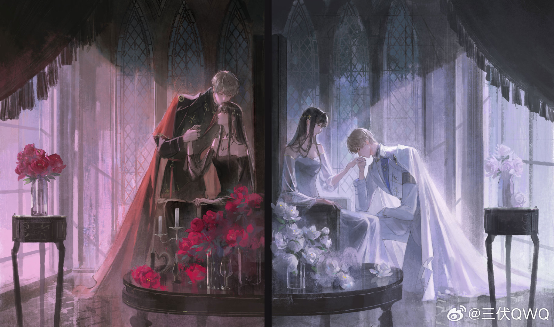 1boy 1girl armband bare_shoulders black_choker black_dress black_footwear black_hair black_jacket black_pants black_shirt black_suit black_vs_white blank_stare blonde_hair boots brown_eyes candle candlestand cape chinese_commentary choker closed_eyes closed_mouth colored_lapels commentary_request cup curtains dress drinking_glass expressionless flower formal_clothes from_side full_body hair_ornament highres holding_hands imminent_kiss indoors jacket jewelry kiss kissing_hair kissing_hand long_dress long_hair long_sleeves looking_ahead looking_at_another looking_down love_and_deepspace multiple_views necklace off-shoulder_dress off_shoulder on_one_knee pants polar_opposites profile protagonist_(love_and_deepspace) red_cape red_flower red_rose rose sanfu_qwq shirt short_hair sitting sitting_on_throne split_screen standing star_(symbol) star_hair_ornament star_necklace suit table throne vase watermark weibo_watermark white_cape white_dress white_flower white_jacket white_pants white_rose white_shirt white_suit window window_shadow wine_glass xavier_(love_and_deepspace)