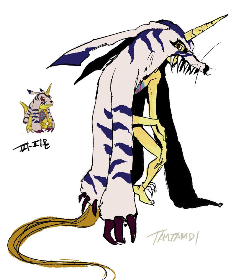 1boy anklet artist_name black_eyes bodypaint colored_skin creature_and_personification digimon digimon_(creature) full_body gabumon horns jewelry korean_commentary long_hair looking_at_viewer male_focus pelt personification reference_inset signature simple_background single_horn tamtamdi very_long_hair white_background yellow_skin