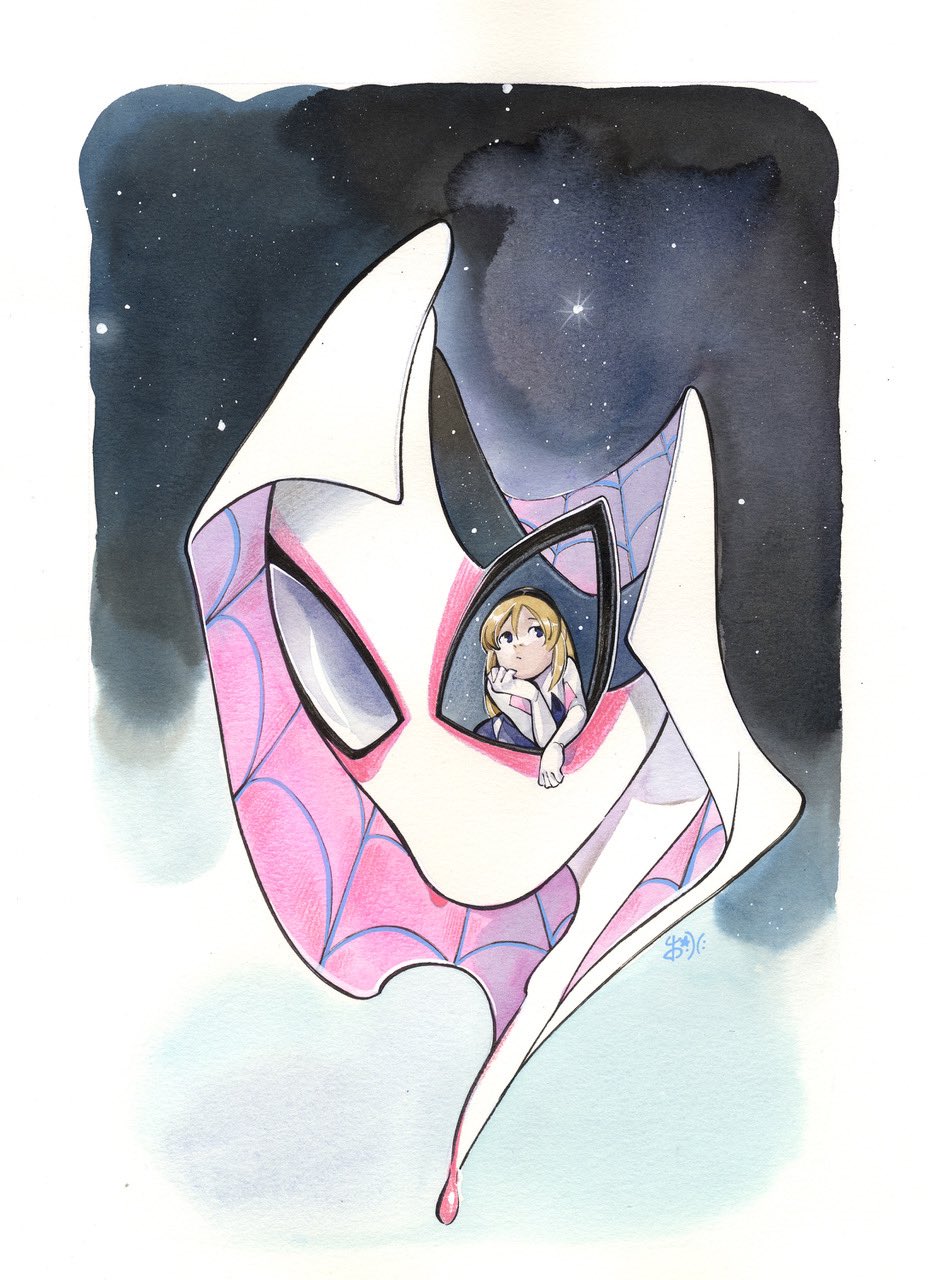 1girl artist_name blonde_hair blue_eyes bodysuit gwen_stacy highres marvel multicolored_bodysuit peach_momoko simple_background skin_tight solo spider-gwen spider-man:_into_the_spider-verse spider-man_(series) spider-verse star_(sky) superhero_costume two-tone_bodysuit western_comics_(style)