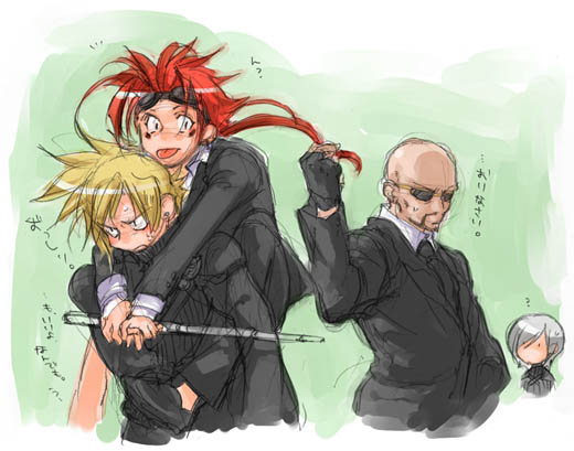 4boys angry asymmetrical_sleeves bad_id bald black_footwear black_gloves black_jacket black_pants black_suit blonde_hair carrying chibi cloud_strife collared_shirt commentary_request cropped_torso dated_commentary facial_hair facial_mark final_fantasy final_fantasy_vii final_fantasy_vii_advent_children fingerless_gloves formal_clothes frown gloves goggles goggles_on_head grabbing_another&#039;s_hair green_background grey_hair hair_over_one_eye hand_up jacket kadaj long_hair low_ponytail male_focus multiple_boys notice_lines pants piggyback ponytail red_hair reno_(ff7) rude_(ff7) shirt short_hair spiked_hair standing suit suit_jacket sunglasses sweat tongue tongue_out toujou_sakana translation_request turks_(ff7) upper_body white_shirt wing_collar