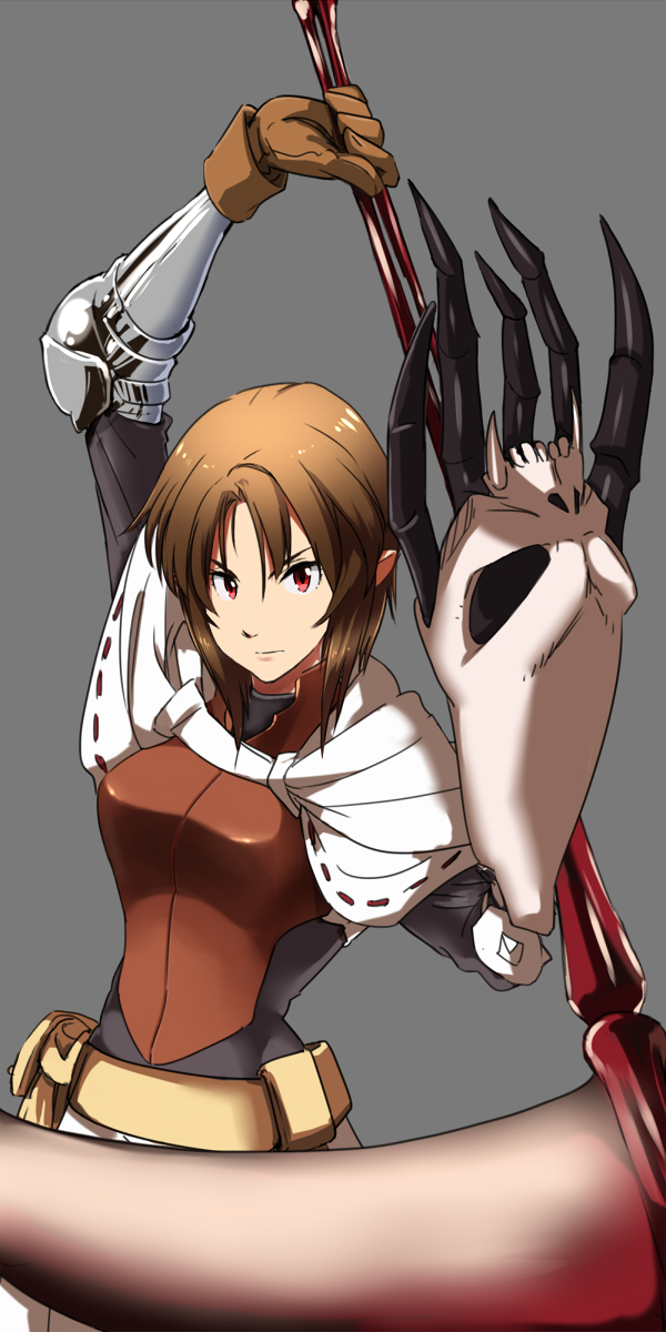 1girl armor brown_hair claws female_focus gloves grey_background highres hiro_(spectral_force) maabou pointy_ears red_eyes scythe serious short_hair single_glove solo spectral_(series) spectral_force