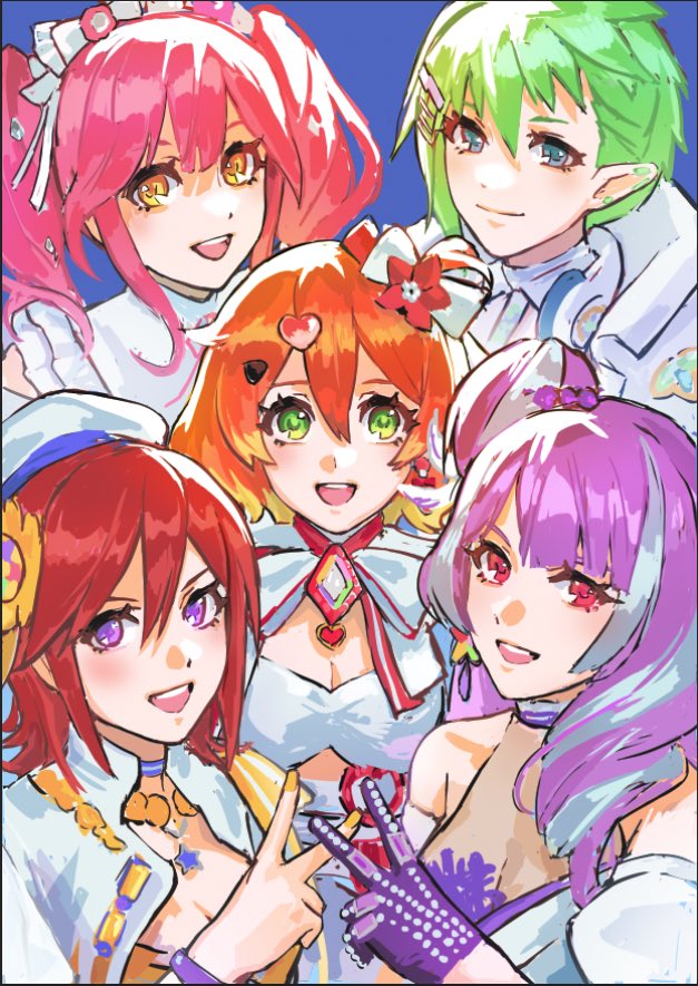 5girls beret blonde_hair blue_background blue_hair bow bracelet breasts cleavage colored_tips commentary dress flower freyja_wion gloves green_eyes hair_bow hair_bun hair_flower hair_ornament halter_dress halterneck hat headphones headphones_around_neck heart heart-shaped_hair jacket jewelry kaname_buccaneer macross macross_delta makina_nakajima medium_breasts medium_hair mikumo_guynemer multicolored_hair multiple_girls nekkikamille open_mouth pink_hair pointy_ears purple_dress purple_gloves purple_hair red_eyes red_flower red_hair reina_prowler shirt short_hair single_hair_bun small_breasts smile straight-on streaked_hair symbol-only_commentary twintails v walkure_(macross_delta) white_bow white_dress white_headwear white_jacket white_shirt