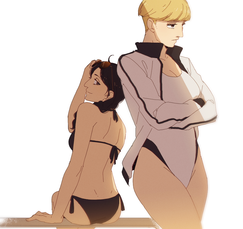 2girls ahoge aquiline_nose ass bench bikini black_bikini black_eyes blonde_hair bowl_cut braid breasts brown_hair cleavage commentary competition_swimsuit crossed_arms expressionless eyewear_on_head groin hair_over_shoulder hanpetos jacket medium_breasts multiple_girls nose one-piece_swimsuit open_clothes open_jacket pieck_finger shingeki_no_kyojin single_braid sitting smile sunglasses swimsuit white_jacket white_one-piece_swimsuit yelena_(shingeki_no_kyojin)