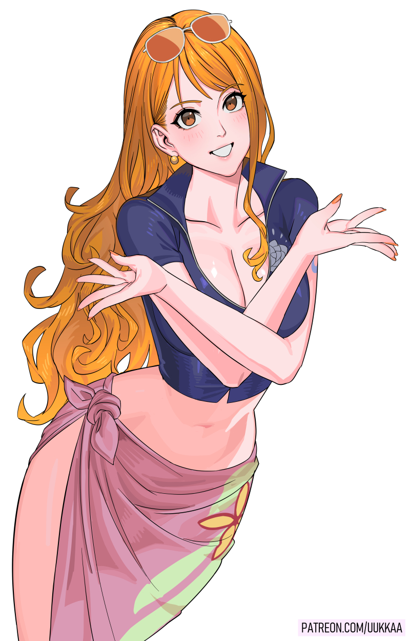 1girl blue_jacket blush breasts brown_eyes cleavage collarbone commentary cosplay cowboy_shot cropped_jacket crossed_arms dutch_angle earrings eyewear_on_head female_focus floral_print from_above gold_earrings hair_behind_ear highres jacket jewelry large_breasts long_hair looking_at_viewer midriff nail_polish nami_(one_piece) navel nico_robin nico_robin_(cosplay) nico_robin_(post-timeskip) nico_robin_(return_to_sabaody) one_piece orange_hair orange_nails paid_reward_available parted_lips patreon_username pink_sarong popped_collar print_jacket sarong short-sleeved_jacket short_sleeves shoulder_tattoo simple_background single_sidelock smile solo standing sunglasses tattoo uukkaa wavy_hair white_background