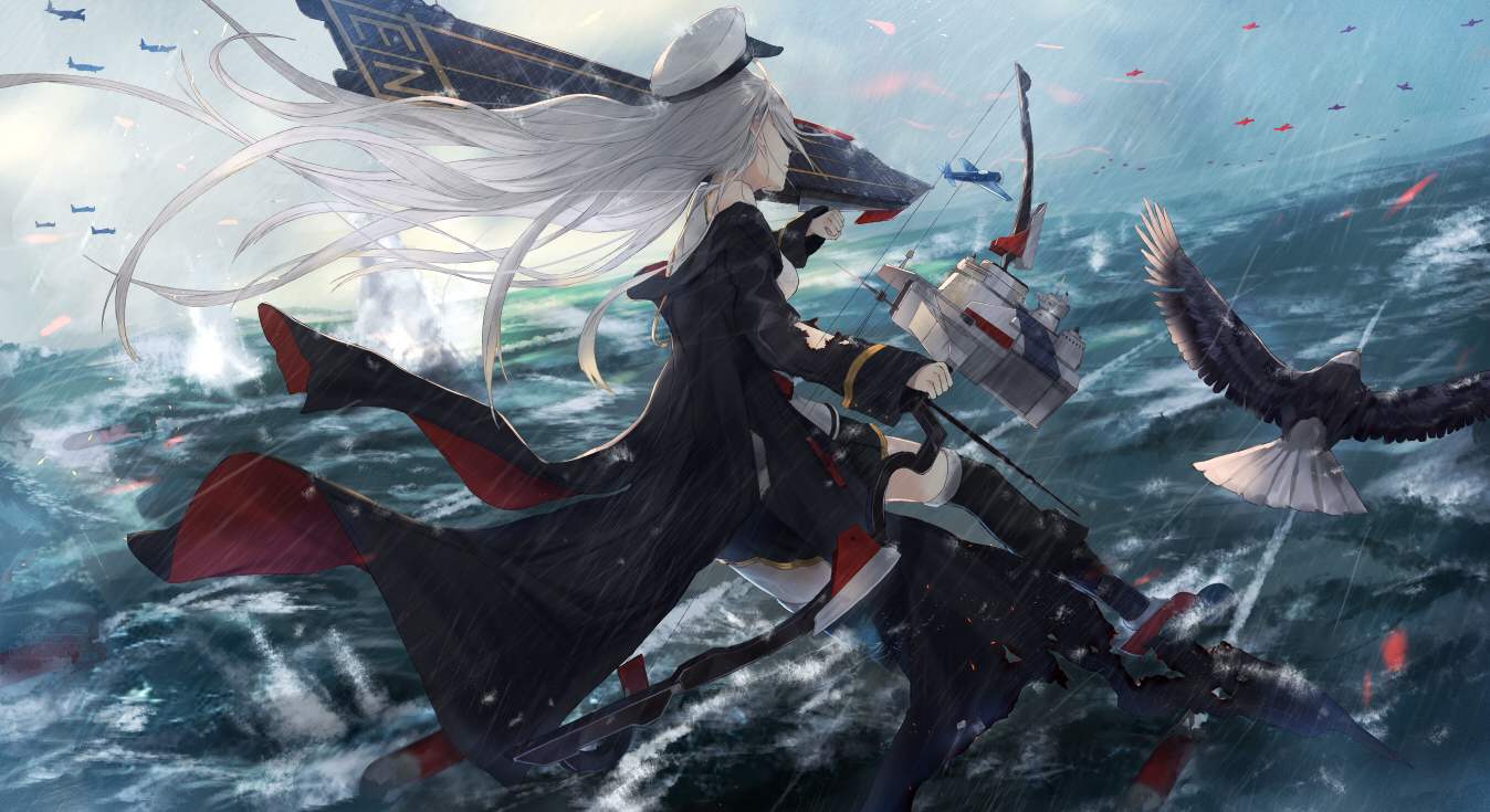 1girl action aircraft airplane arm_up azur_lane bare_shoulders bird black_coat black_thighhighs bow_(weapon) breasts closed_mouth coat cuff_links eagle enterprise_(azur_lane) explosion female_focus floating_hair from_behind from_side hat holding holding_bow_(weapon) holding_weapon kachi large_breasts long_hair machinery miniskirt ocean off_shoulder peaked_cap pleated_skirt rain rigging rudder_footwear shirt silver_hair skirt sleeve_cuffs sleeveless solo standing standing_on_liquid thighhighs thighs torn_clothes torn_coat torpedos very_long_hair water waves weapon wet wind wind_lift
