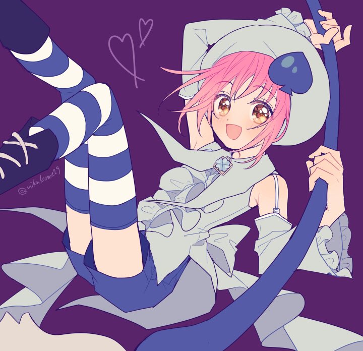 1girl amulet_spade blue_headwear blue_shorts cross-laced_footwear detached_sleeves frilled_sleeves frills hair_ornament heart hinamori_amu magical_girl nachuko_(nikukome29) open_mouth pink_hair shorts shugo_chara! smile solo spade_(shape) spade_hair_ornament striped_clothes striped_thighhighs thighhighs yellow_eyes