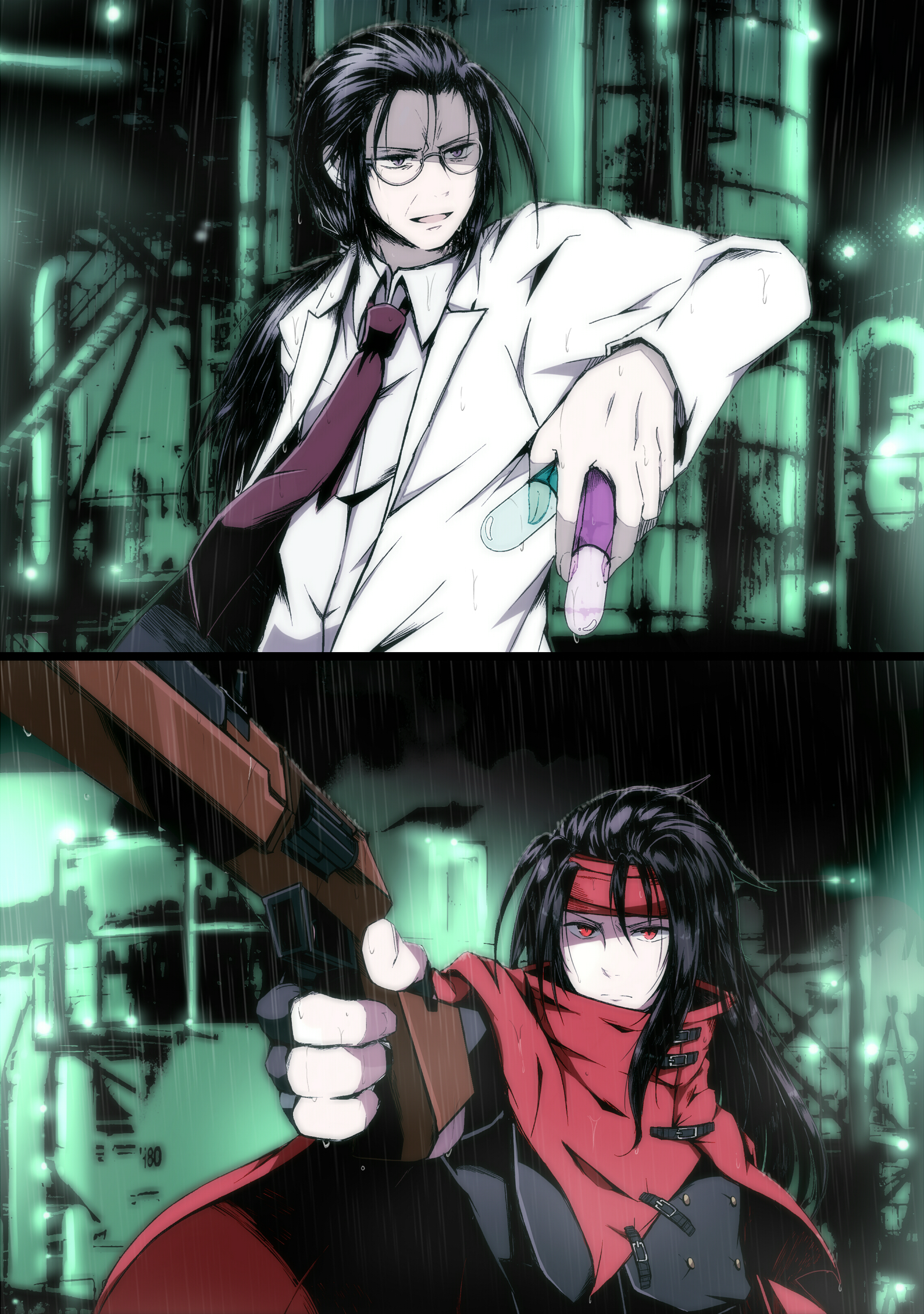 2boys black_footwear black_gloves black_hair brown_necktie cloak collared_shirt final_fantasy final_fantasy_vii fingerless_gloves furrowed_brow glasses gloves gun hair_between_eyes headband highres holding holding_gun holding_test_tube holding_weapon jacket lab_coat long_hair low_ponytail male_focus multiple_boys nanao_(zonzonsh) necktie parted_lips ponytail professor_houjou rain red_cloak red_eyes red_headband shirt test_tube upper_body vincent_valentine weapon white_jacket white_shirt