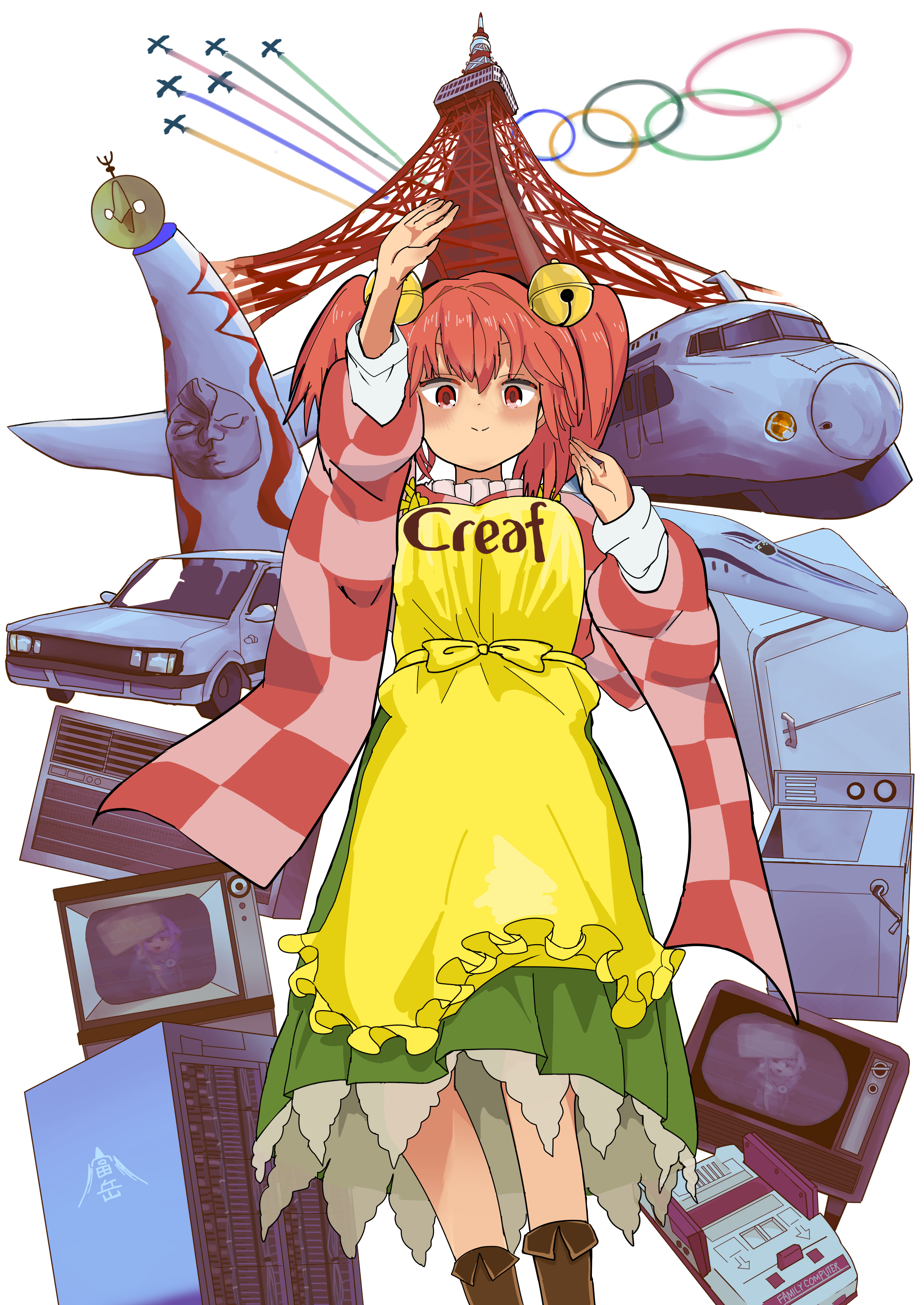 1girl absurdres apron bell blush boots breasts brown_boots car checkered_clothes checkered_kimono closed_mouth commentary_request contrail cookie_(touhou) creaf_(cookie) famicom feet_out_of_frame frilled_apron frills game_console green_skirt hair_bell hair_between_eyes hair_ornament high-speed_train highres japanese_clothes jingle_bell kimono long_sleeves looking_at_viewer medium_breasts medium_hair motoori_kosuzu motor_vehicle olympic_rings olympics orange_hair pink_kimono red_eyes red_kimono refrigerator shinkansen shouwa skirt smile solo television toaru_yuuzaa tokyo_tower touhou train transparent_background twintails yellow_apron