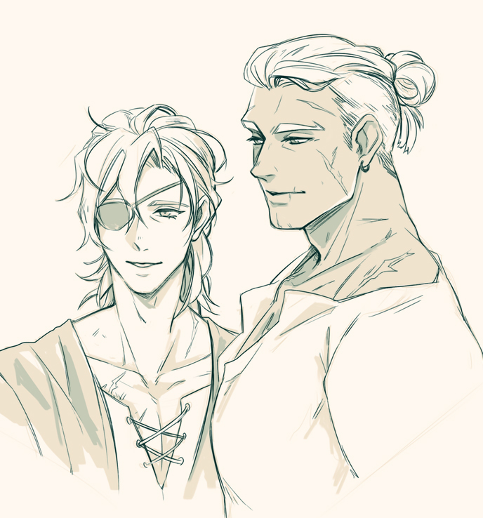 2boys adam&#039;s_apple closed_mouth collarbone collared_shirt commentary cropped_torso cross-laced_clothes cross-laced_top dark-skinned_male dark_skin dedue_molinaro dimitri_alexandre_blaiddyd english_commentary eyepatch facial_scar fire_emblem fire_emblem:_three_houses hair_slicked_back layered_clothes looking_to_the_side male_focus monochrome multiple_boys multiple_scars nintendo one_eye_covered open_collar parted_lips ponytail ruebird scar scar_on_cheek scar_on_chest scar_on_face scar_on_shoulder shirt short_ponytail side-by-side simple_background smile white_hair