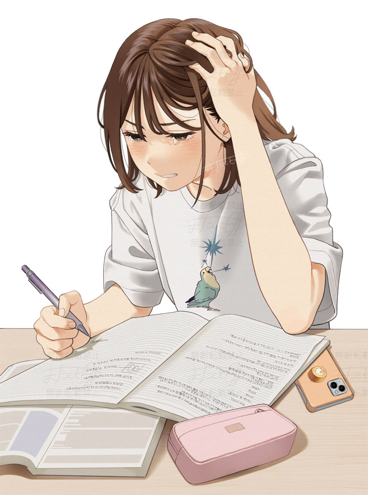 1girl brown_eyes brown_hair cellphone clenched_teeth commentary desk hand_in_own_hair holding holding_pen homework long_hair mattaku_mousuke notebook original pen pencil_case phone shirt short_sleeves simple_background smartphone solo tearing_up teeth white_background white_shirt