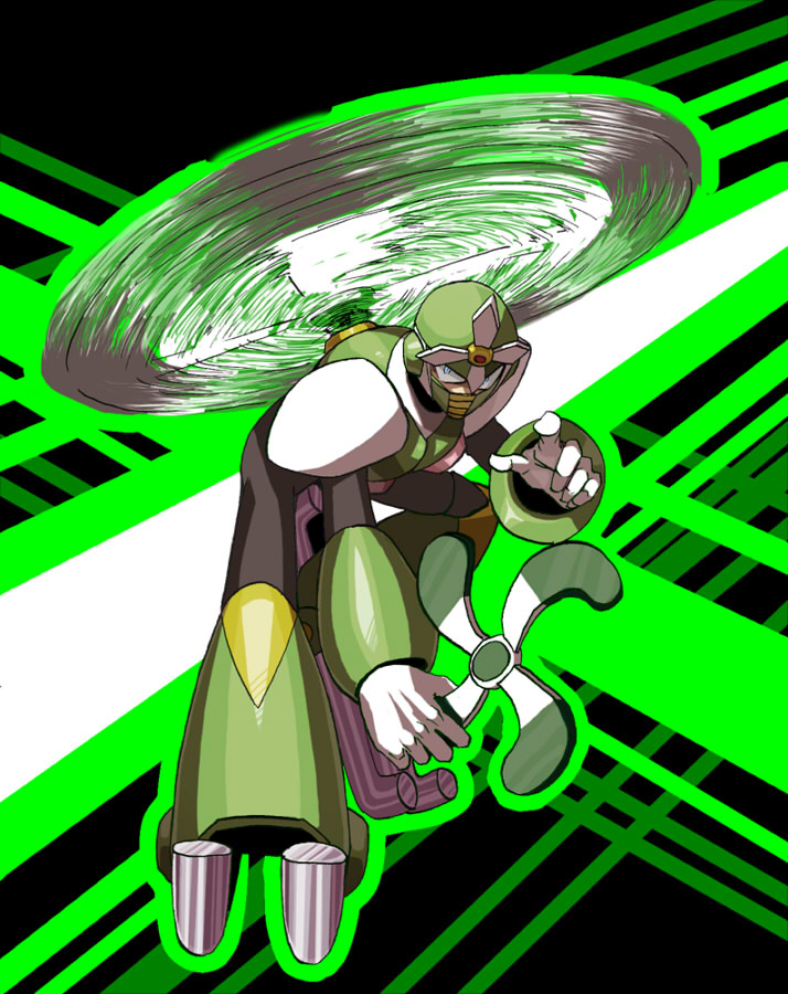 capcom full_body gyro_man helmet looking_at_viewer mask mega_man_(classic) mega_man_(series) mega_man_5 no_humans non-humanoid_robot propeller robot robot_ears solo