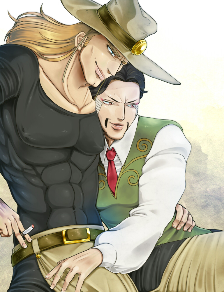 2boys black_hair blonde_hair cigarette cowboy_hat daniel_j._d&#039;arby facial_hair hat hol_horse jojo_no_kimyou_na_bouken m516 male_focus multiple_boys mustache tattoo vest waistcoat