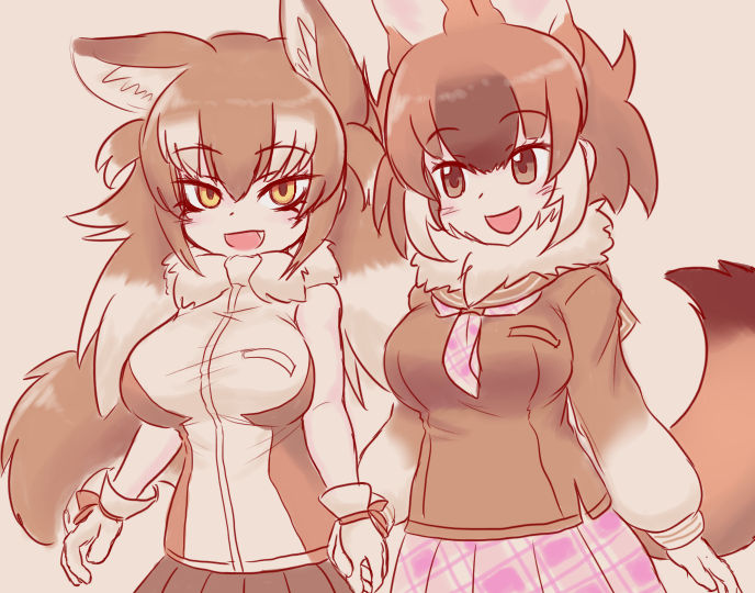 2girls animal_ears bare_shoulders blush bow breasts brown_hair cosplay costume_switch dhole_(kemono_friends) dhole_(kemono_friends)_(cosplay) dog_ears dog_girl dog_tail extra_ears fang fur_collar gloves japanese_wolf_(kemono_friends) japanese_wolf_(kemono_friends)_(cosplay) kemono_friends kemono_friends_3 large_breasts long_hair long_sleeves looking_at_viewer mo23 multicolored_hair multiple_girls neckerchief open_mouth plaid_clothes plaid_neckerchief shirt short_hair skirt sleeveless smile tail two-tone_hair white_hair wolf_ears wolf_girl wolf_tail