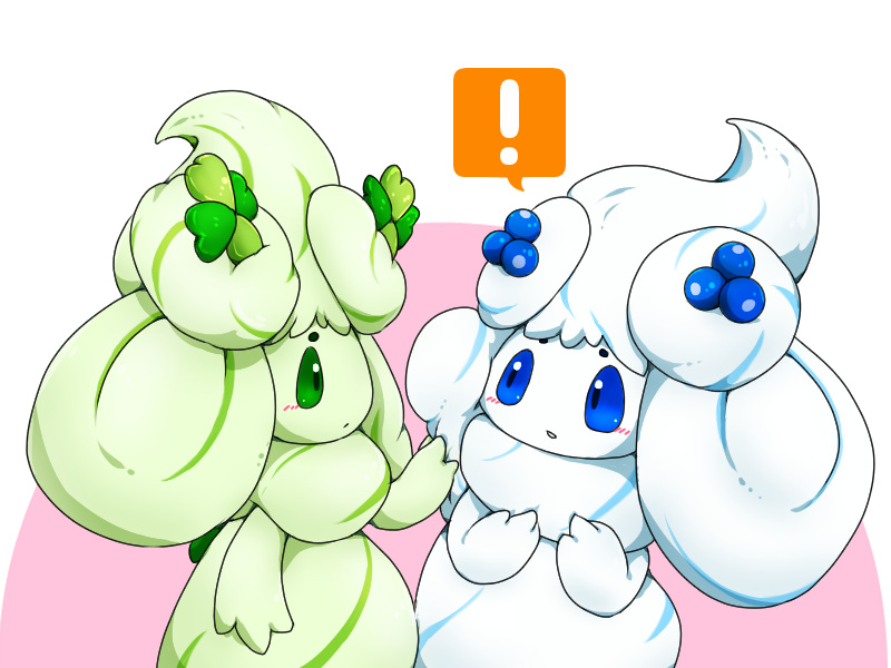 ! alcremie alcremie_(berry_sweet) alcremie_(clover_sweet) alcremie_(matcha_cream) alcremie_(mint_cream) blue_eyes blueberry blush commentary_request eye_contact food fruit gen_8_pokemon green_eyes looking_at_another nintendo pink_background pokemon pokemon_(creature) sazeka_(pixiv354189) spoken_exclamation_mark standing upper_body