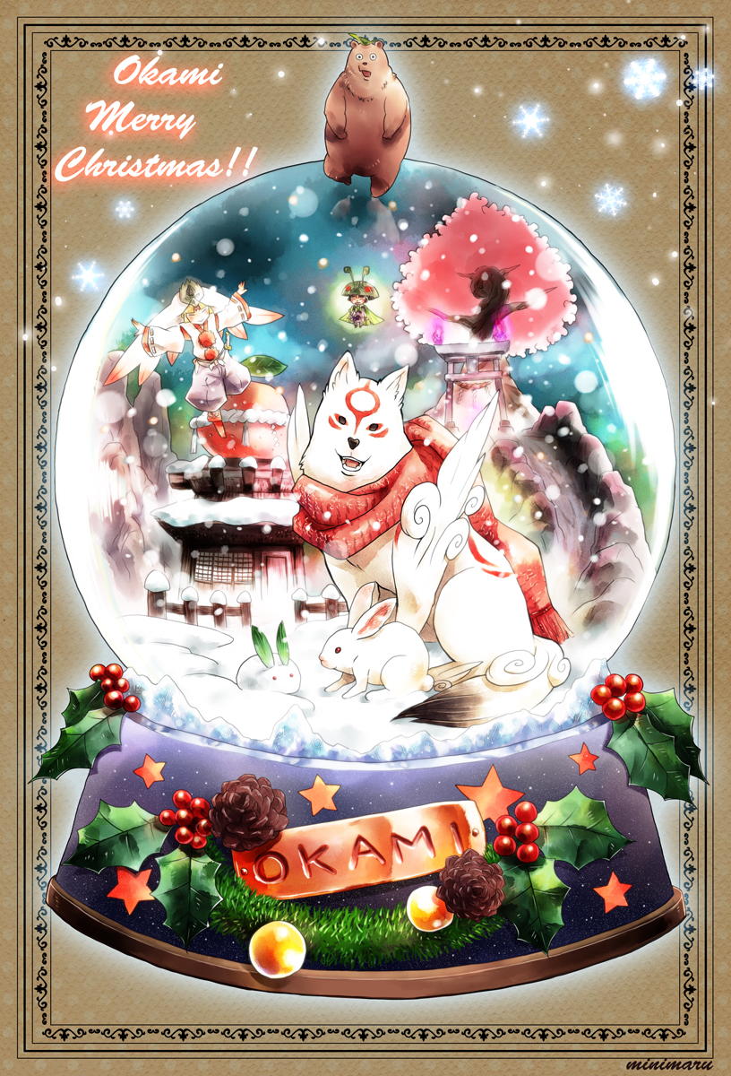 2boys amaterasu_(ookami) bear rabbit highres issun minimaru multiple_boys ookami_(game) ushiwakamaru_(ookami) wolf