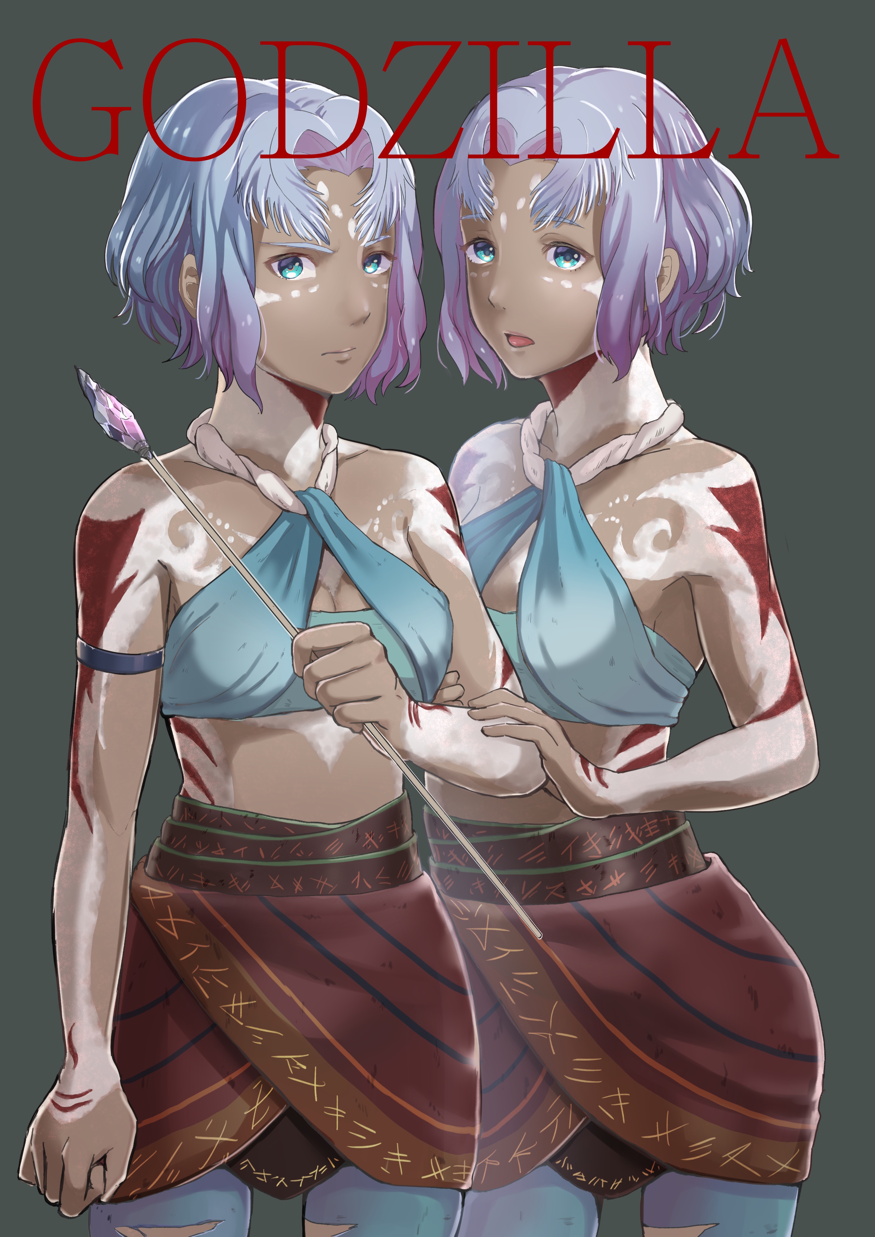 2girls absurdres amenomori430 antennae arrow_(projectile) blue_eyes bodypaint breasts cleavage dark-skinned_female dark_skin facial_tattoo frown godzilla:_city_on_the_edge_of_battle godzilla:_planet_of_the_monsters godzilla_(series) highres houtua looking_at_viewer maina miana monster_girl multicolored_hair multiple_girls polygon_pictures revealing_clothes siblings sisters small_breasts tattoo toho tribal tribal_tattoo twins two-tone_hair