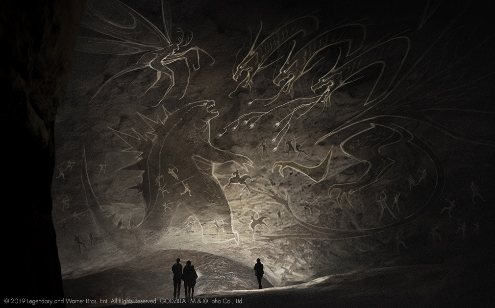 alien bug butterfly cave_paintings conjoined conspiracy dragon electricity energy energy_beam giant giant_monster godzilla godzilla:_king_of_the_monsters godzilla_(series) hieroglyphics hydra insect kaiju king_ghidorah legendary_pictures lightning monarch_(monsterverse) monster monsterverse moth mothra official_art promotional_art toho viral_marketing