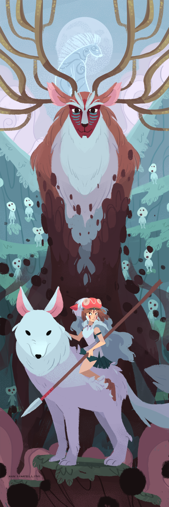 1girl ann_marcellino antlers armlet artist_name blue_dress brown_hair cape commentary daidarabocchi_(mononoke_hime) divine_entity dress earrings english_commentary facepaint full_body fur_cape highres holding holding_weapon horns jewelry kodama looking_at_viewer looking_to_the_side mononoke_hime moon moro_no_ichizoku san_(mononoke_hime) short_hair sitting_on_animal smile weapon wolf