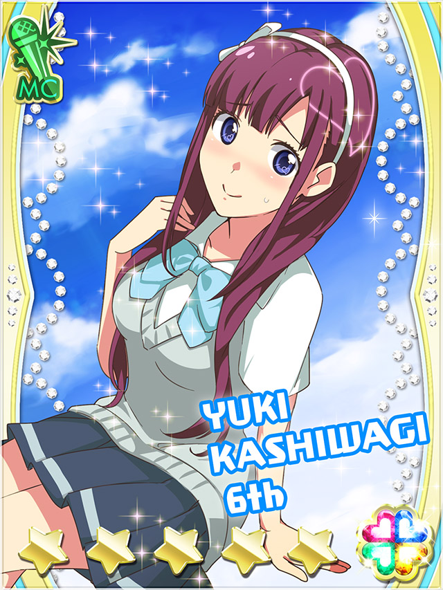 1girl akb0048 arm_support black_skirt blue_bow blue_bowtie blue_eyes blush bow bowtie card_(medium) character_name closed_mouth collared_shirt dutch_angle fanged_bangs furrowed_brow grey_vest hairband heart invisible_chair kashiwagi_yuki_(akb0048) long_hair looking_at_viewer non-web_source official_art pleated_skirt purple_hair school_uniform shirt shy sitting skirt smile solo sparkle star_(symbol) sweatdrop three_quarter_view vest white_hairband white_shirt