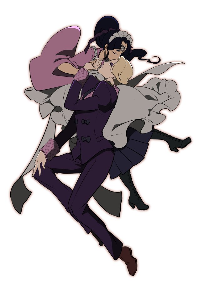 1boy 1girl ace_attorney apron black_footwear black_hair blonde_hair boots brown_footwear closed_eyes commentary_request earrings eyeshadow florent_l&#039;belle formal_clothes full_body holding_hands jacket japanese_clothes jewelry jinxie_tenma kimono kiss kissing_forehead lace-up_boots long_hair maid_headdress makeup ofuda ofuda_on_head pants phoenix_wright:_ace_attorney_-_dual_destinies pink_kimono pncnmmm ponytail protected_link purple_eyeshadow purple_jacket purple_pants purple_suit short_hair simple_background sleeve_cuffs suit suit_jacket white_apron white_background