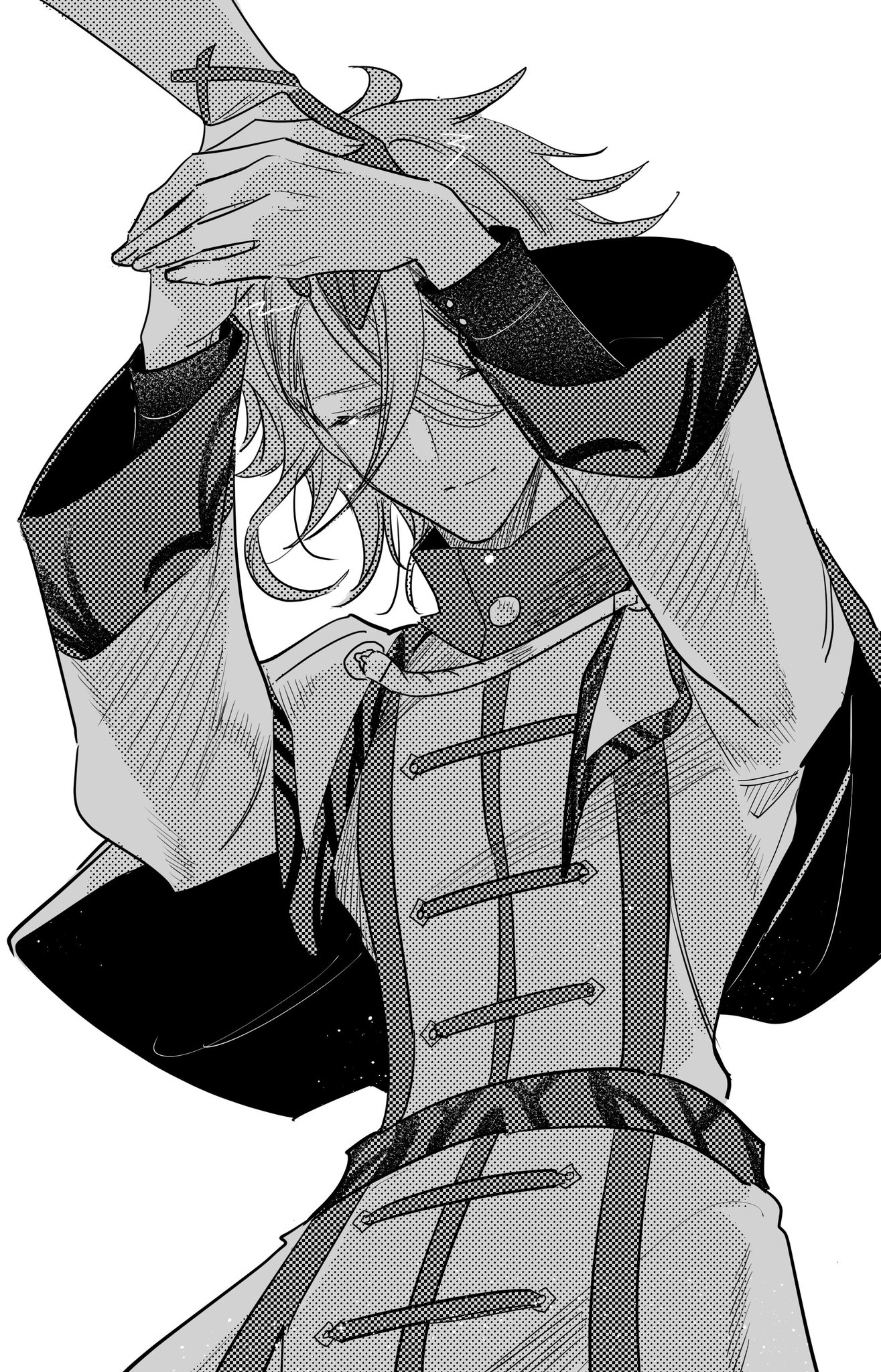 1boy 1other alear_(fire_emblem) closed_eyes closed_mouth fire_emblem fire_emblem_engage greyscale hair_between_eyes highres holding_hands illust_mi monochrome nintendo pandreo_(fire_emblem) priest robe solo_focus
