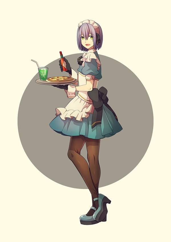 1boy apron bow crossdressing crossdressing_(mtf) detached_sleeves dress drink food gloves high_heels high_speed! maid maid_apron male_focus memeo_(candy_house) pantyhose pizza serizawa_nao smile