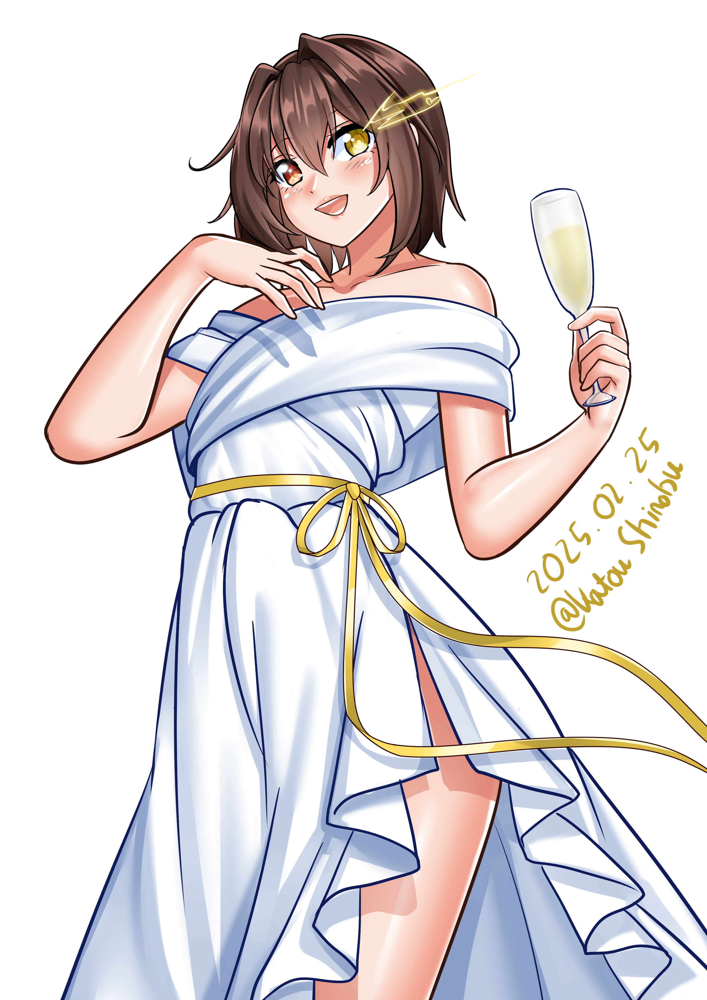 1girl absurdres alternate_costume brown_hair champagne_flute collarbone cup dated dress drinking_glass feet_out_of_frame furutaka_(kancolle) glowing glowing_eye highres kantai_collection katou_shinobu off-shoulder_dress off_shoulder one-hour_drawing_challenge open_mouth short_hair simple_background smile solo teeth twitter_username upper_teeth_only white_background white_dress yellow_eyes