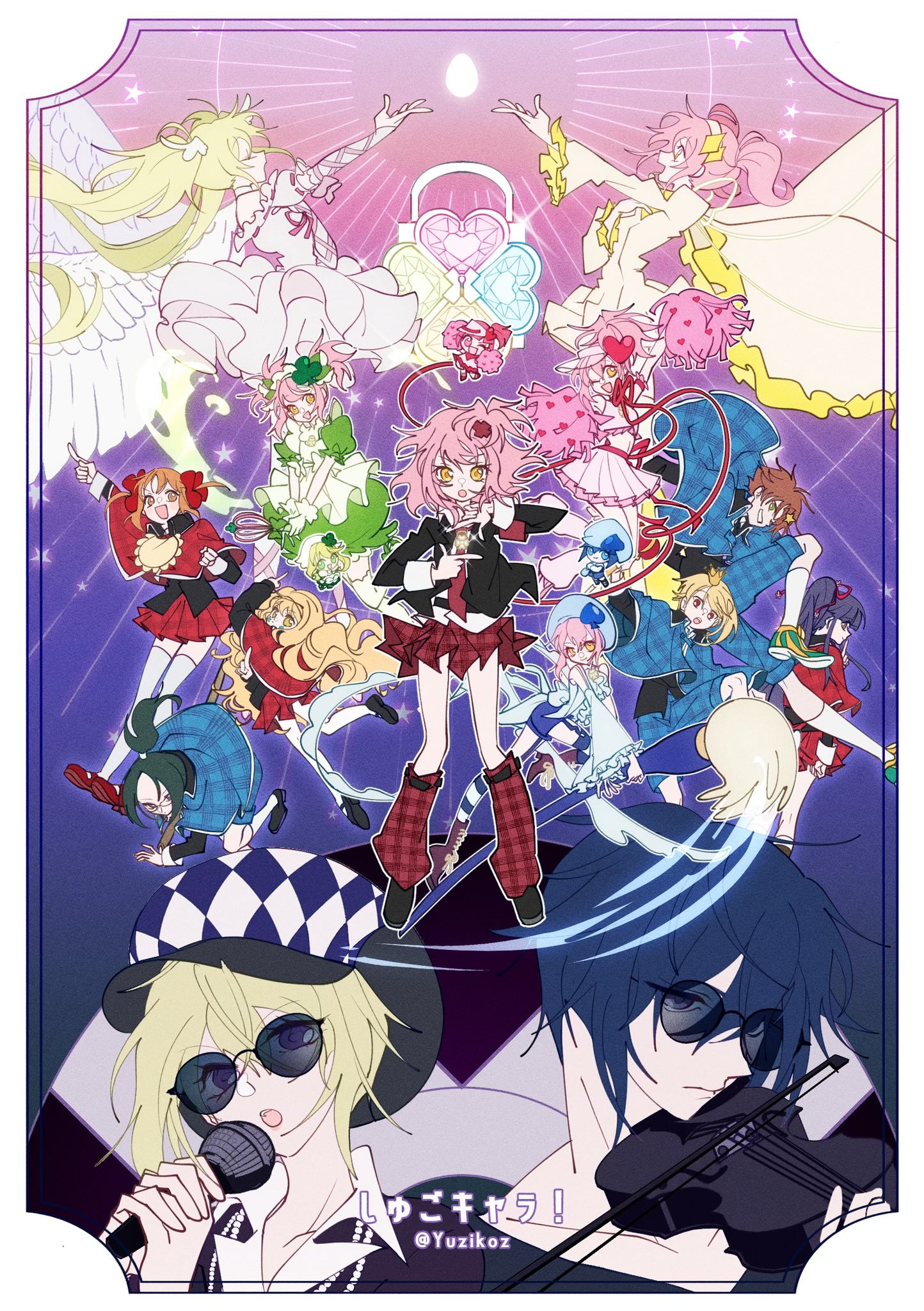 6+boys 6+girls amulet_clover amulet_dia amulet_heart amulet_spade arm_up black_jacket blonde_hair blue_capelet blue_shorts brown_hair capelet closed_eyes commentary crown dress egg fujisaki_nagihiko full_body green_dress guardian_chara hashtag-only_commentary hat highres hinamori_amu holding holding_brush holding_instrument holding_microphone holding_pom_poms holding_violin hoshina_utau hotori_tadase humpty_lock_(shugo_chara!) instrument jacket leg_warmers long_hair looking_at_viewer magical_girl mashiro_rima microphone miki_(shugo_chara!) multiple_boys multiple_girls music one_eye_closed pom_pom_(cheerleading) pom_poms ponytail puffy_short_sleeves puffy_sleeves ran_(shugo_chara!) red_capelet red_leg_warmers red_skirt sanjou_kairi school_uniform seraphic_charm short_sleeves shorts shugo_chara! sidelocks singing skirt smile souma_kuukai sunglasses suu_(shugo_chara!) symbol-only_commentary thighhighs tsukiyomi_ikuto twitter_username violin white_thighhighs yellow_eyes yuiki_yaya yuzikoz_mega